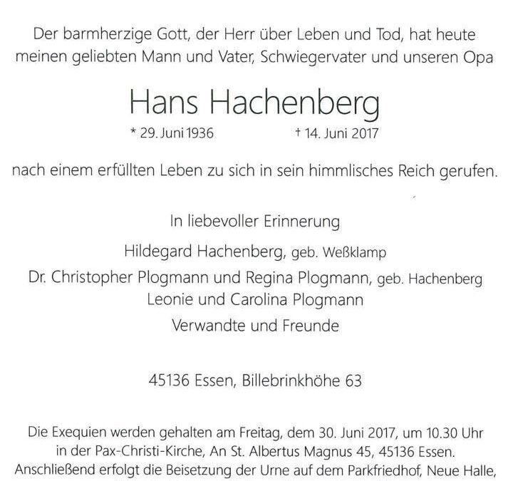 Hans Hachenberg ist verstorben